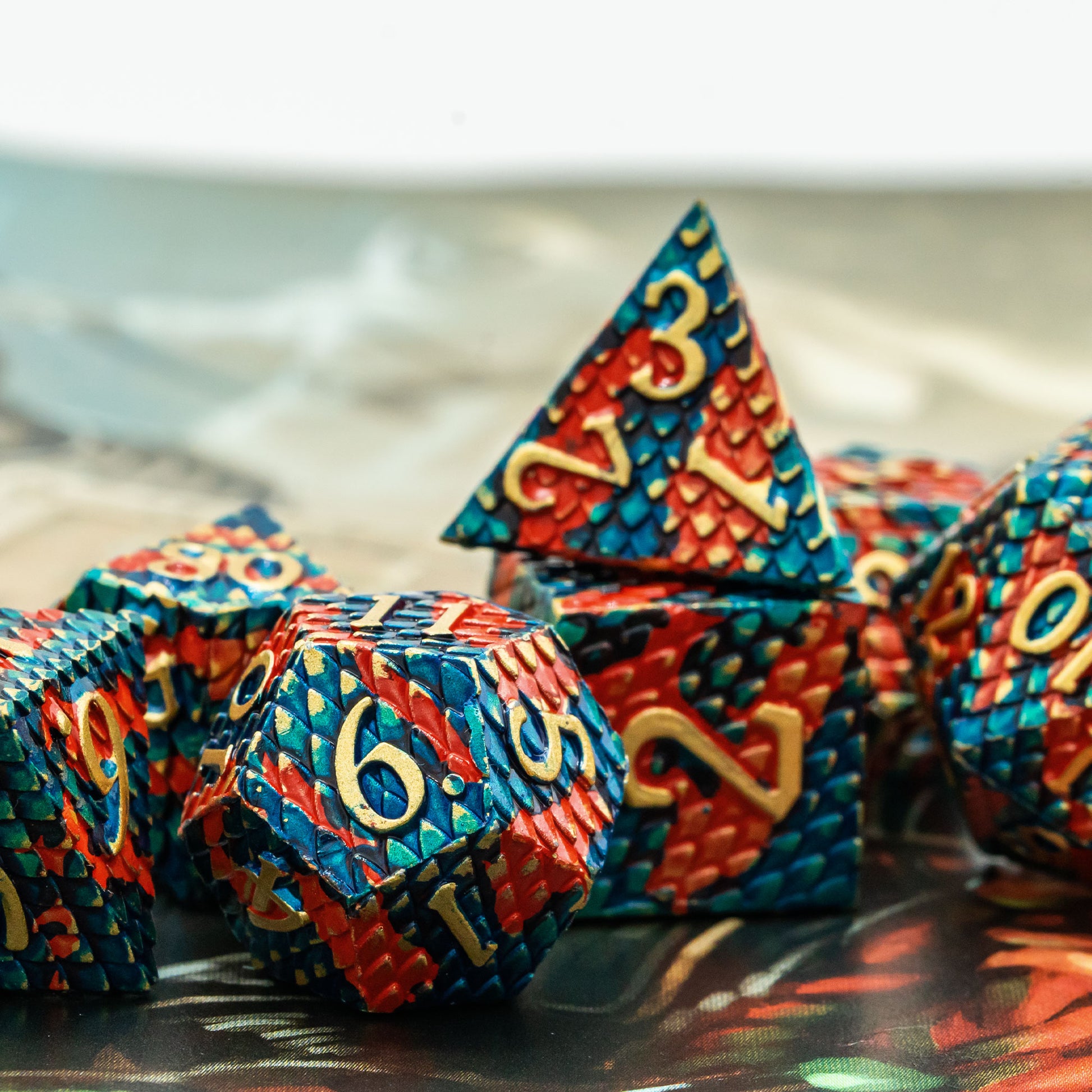 Beautiful multicolored dragon scale dice set