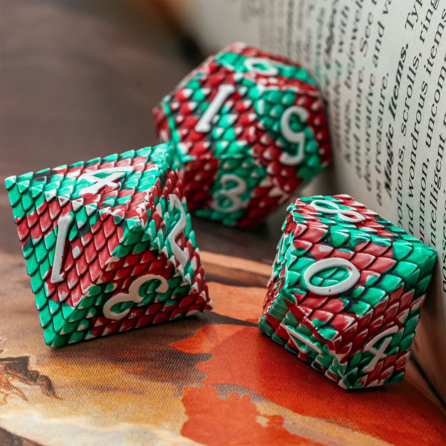 green red and white dice between pages