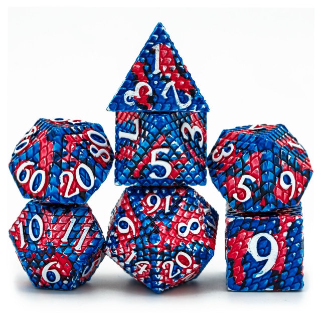 Red and blue metal dice set