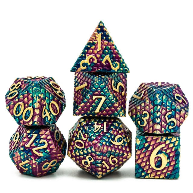 Purple blue and gold metal dice set