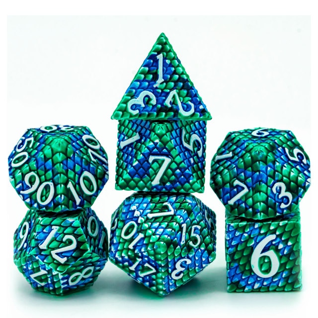 7 piece blue and green dragon scale metal dice