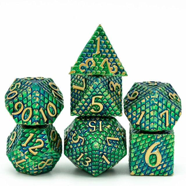 Green and gold 7 piece metal dice set