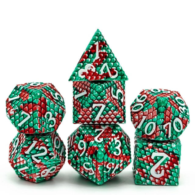 Green and red metal dice set