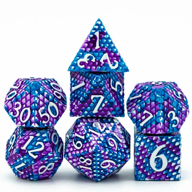 Blue and purple metal dice, dragon scale dice set