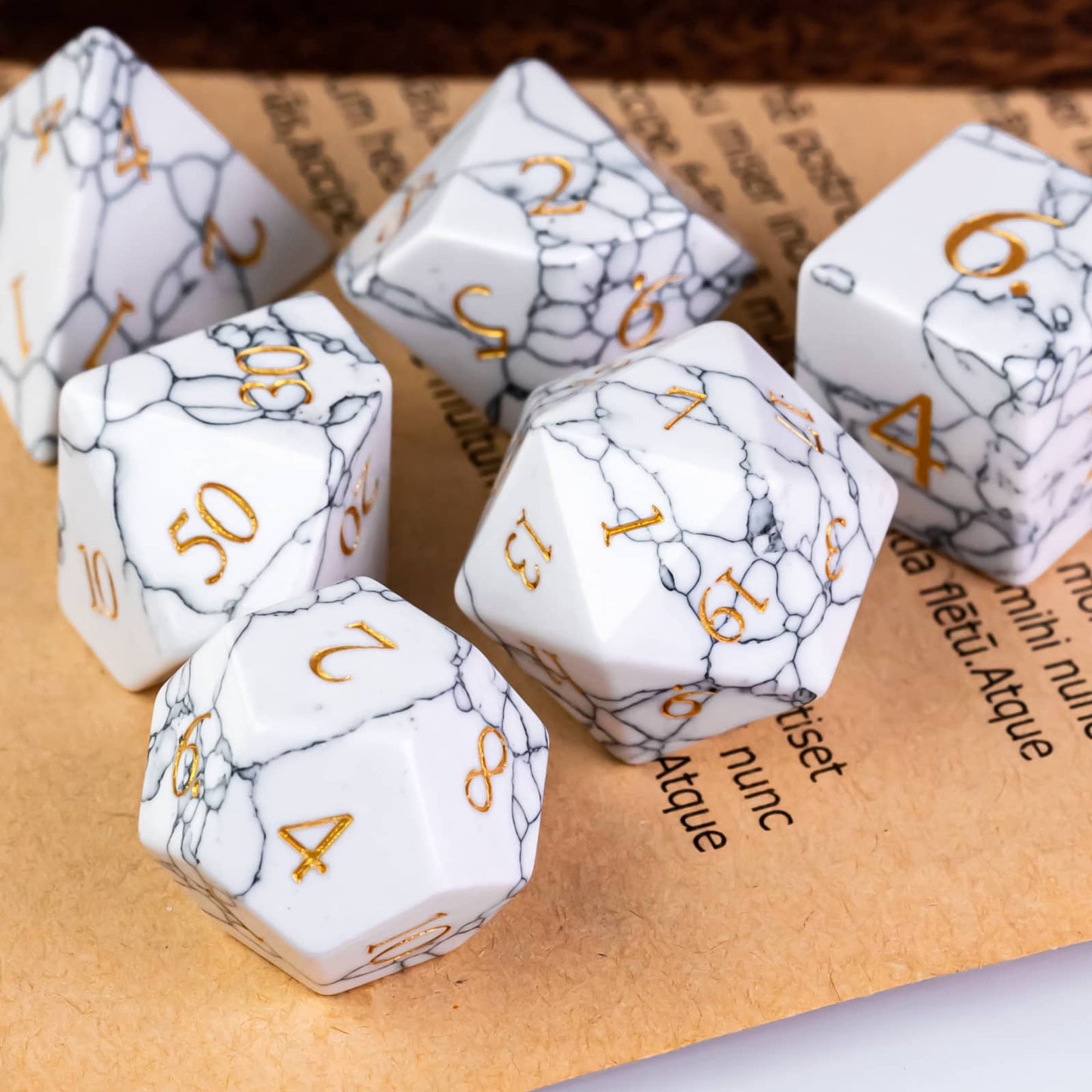Cracked marble 7 piece stone dice set