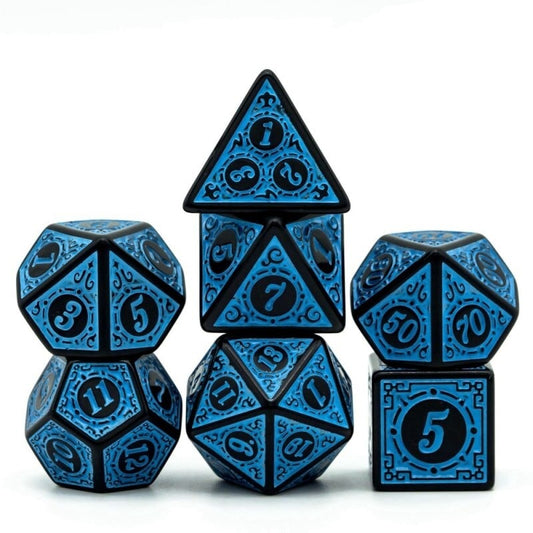 Runic Wonder blue & black metal dice set with engraved runes for DnD & DnD 5e