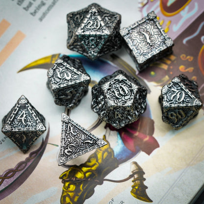 Silver Blade metal dagger dice set for DnD and RPG, engraved silver finish with intricate detailing