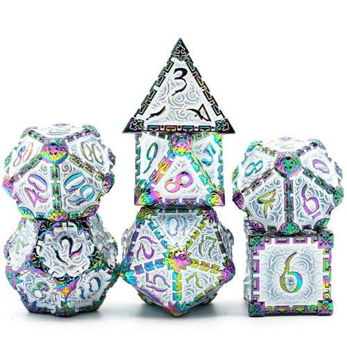 Snow Blade metal dagger dice set for DnD & TTRPG, front view