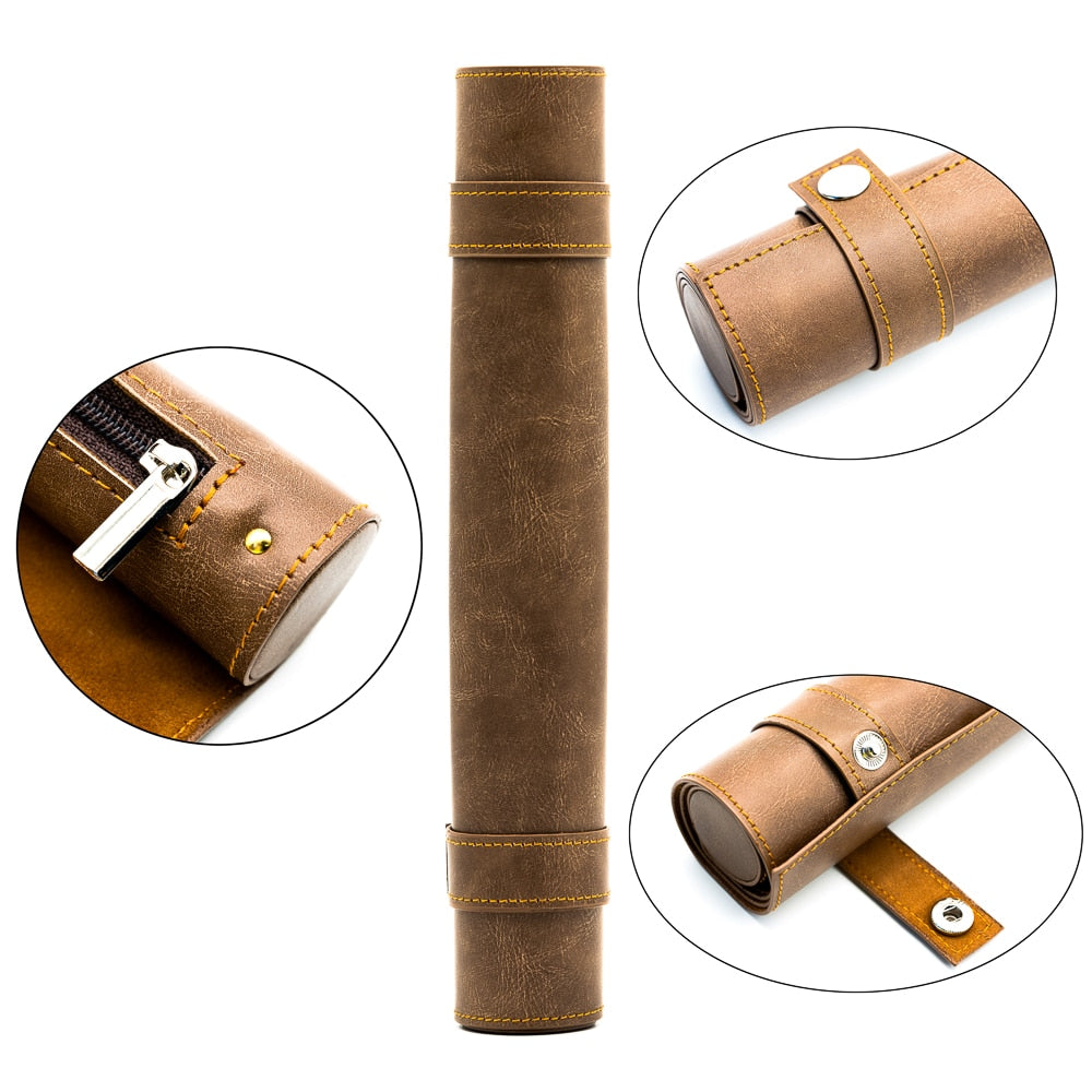 Brown leather spell scroll dice case shown from multiple angles