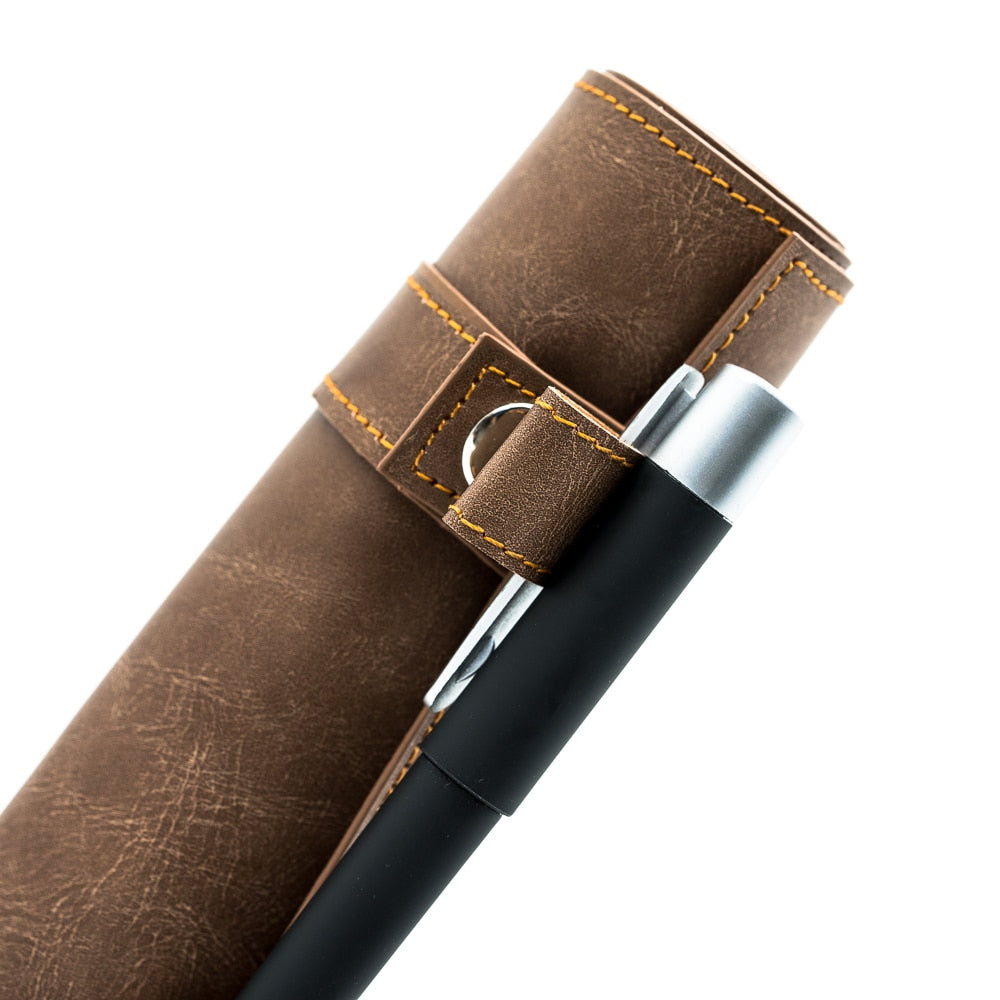 Brown spell scroll dice case with attached pen loop