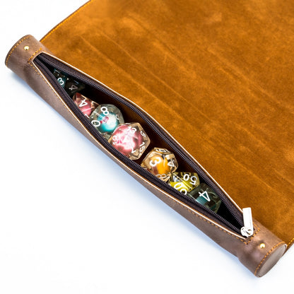 Brown spell scroll dice tray with resin dice stored in zipper pocket