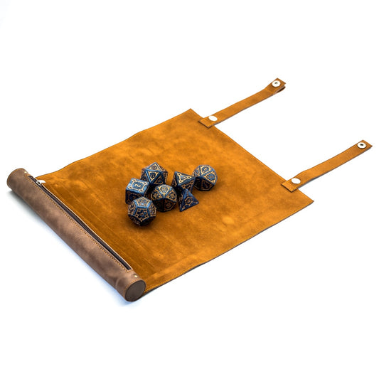 Brown Spell Scroll dice tray with yellow suede interior and metal dice