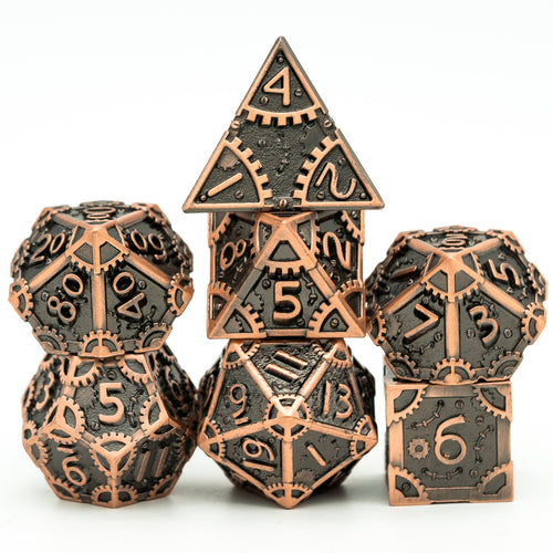 Steampunk Spiral ancient copper metal dice set for DnD & DnD 5e, gear design RPG dice