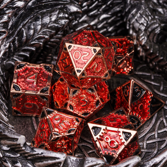 Steampunk Spiral copper red black metal dice set for DnD & DnD 5e, gear-themed RPG dice
