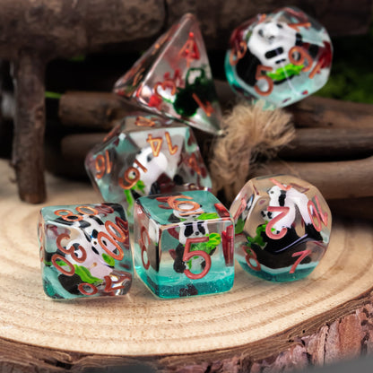 Transparent Bamboo Panda dice stacked in a tower formation with white bag in background