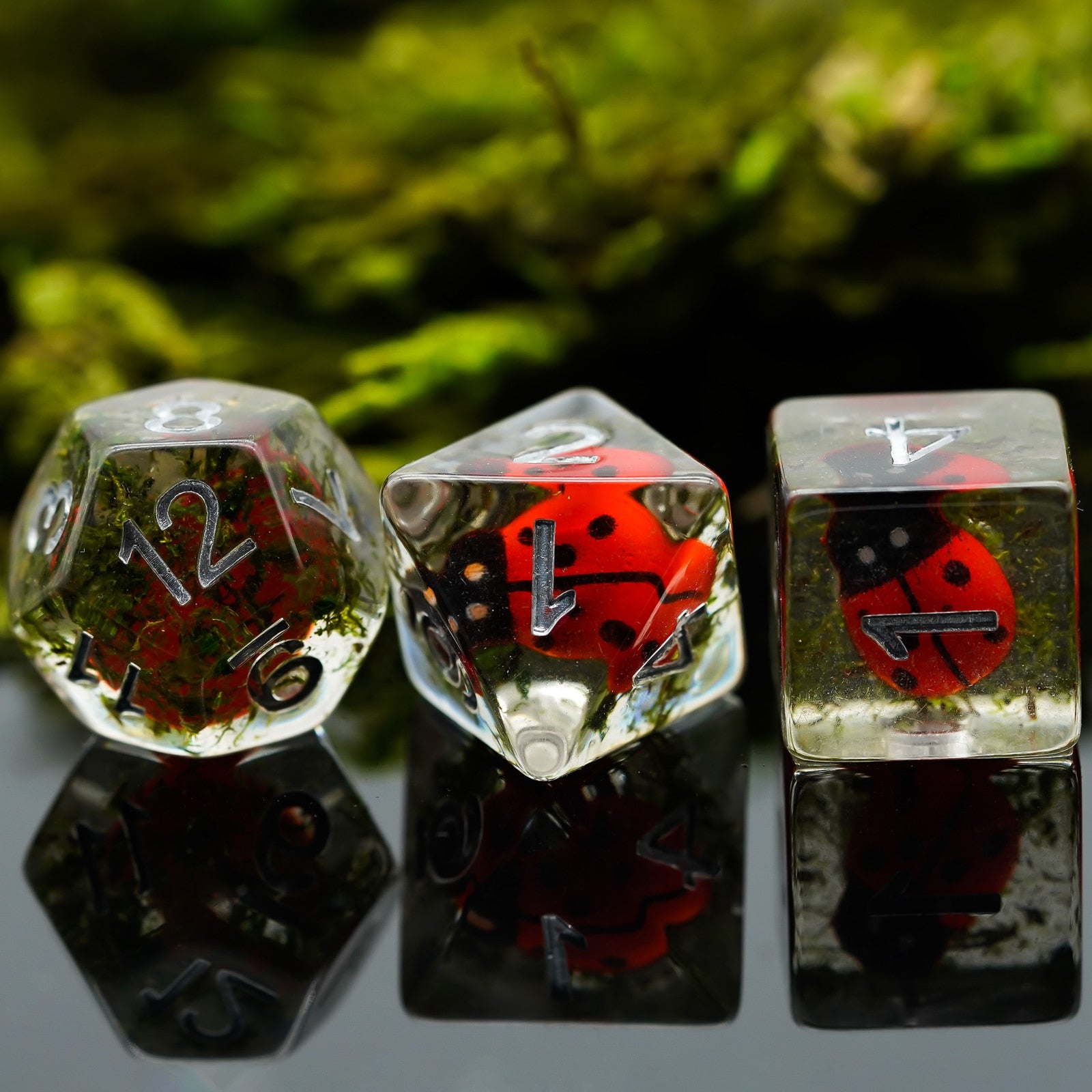 Trio of clear resin dice with red ladybugs inside, featuring D12, D8, and D6 on moss background
