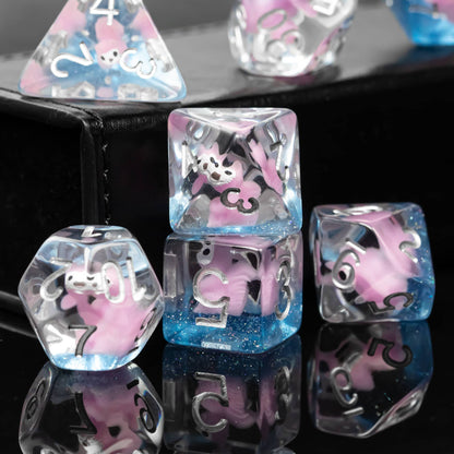 Transparent Pink Squirrel dice set with blue resin base & pink squirrel inside for DnD & DnD 5e